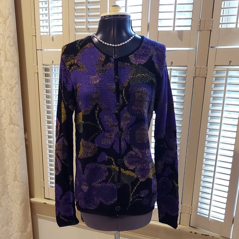 Vintage Peruvian Connection NWOT Purple/Black/Multi Floral Cotton Sweater Size S